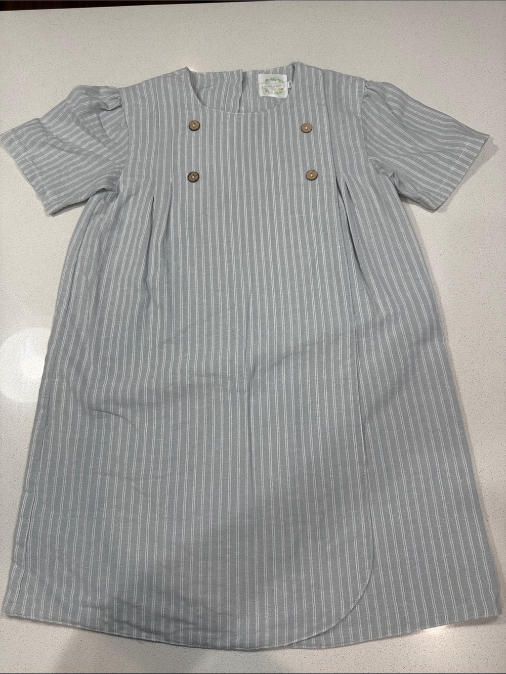 Flora & Dot Light Blue Green & White Striped Button-Front Girls' Linen Dress